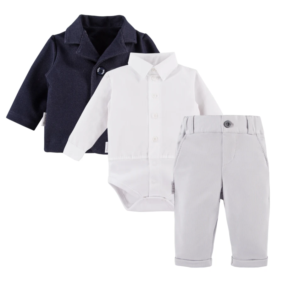 Set aus weißem Hemd-Body, grauer eleganter Hose und dunkelblauem Sakko