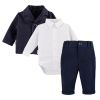 Set aus weißem Hemd-Body, eleganter dunkelblauer Hose und dunkelblauem Sakko
