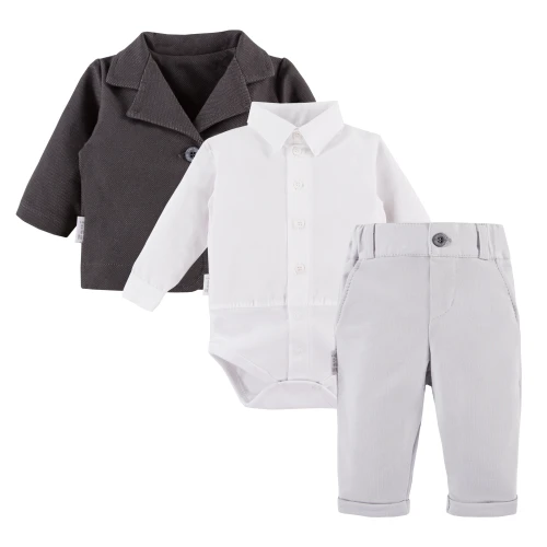 Set aus weißem Hemd-Body, grauer eleganter Hose und grauem Sakko
