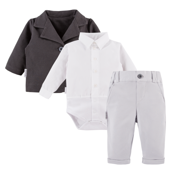Set aus weißem Hemd-Body, grauer eleganter Hose und grauem Sakko