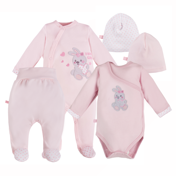 Baby-Set mit Body, Strampler, Halbstampler und Mützen in Rosa