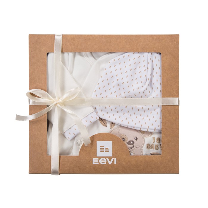 Baby-Set mit Body, Strampler, Halbstampler und Mützen in Ecru