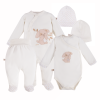 Baby-Set mit Body, Strampler, Halbstampler und Mützen in Ecru