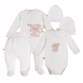 Baby-Set mit Body, Strampler, Halbstampler und Mützen in Ecru