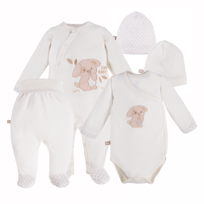 Baby-Set mit Body, Strampler, Halbstampler und Mützen in Ecru