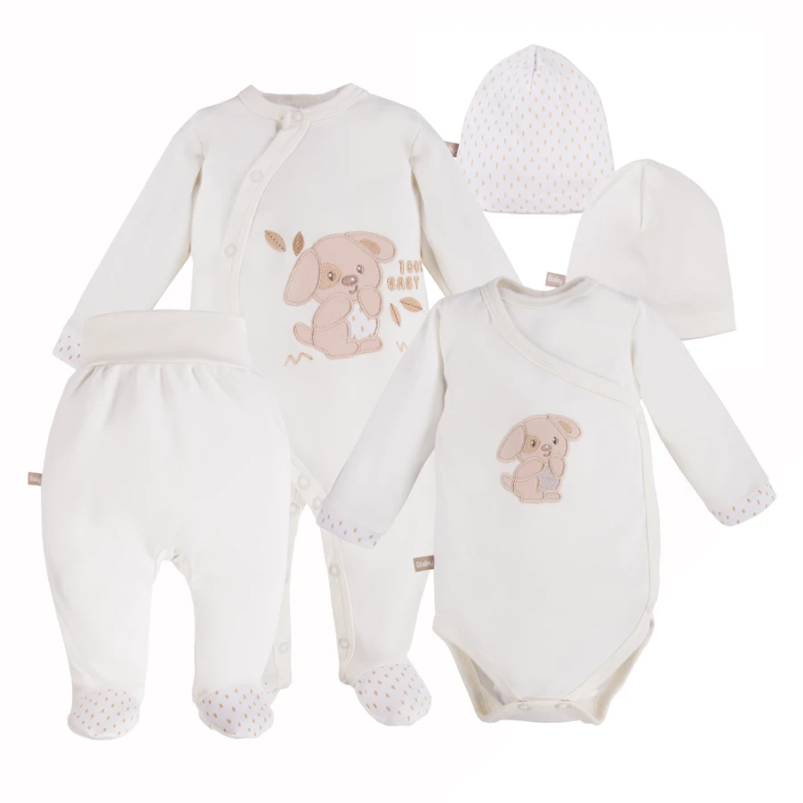 Baby-Set mit Body, Strampler, Halbstampler und Mützen in Ecru
