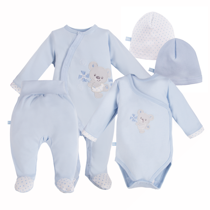 Baby-Set mit Body, Strampler, Halbstampler und Mützen in Blau