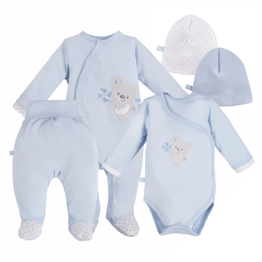 Baby-Set mit Body, Strampler, Halbstampler und Mützen in Blau