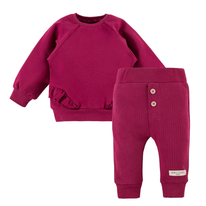 Bordeauxrotes geripptes Leggings- und Sweatshirt-Set mit Rüschen