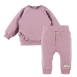 Geripptes Leggings- und Sweatshirt-Set mit Rüschen in Heidefarbe