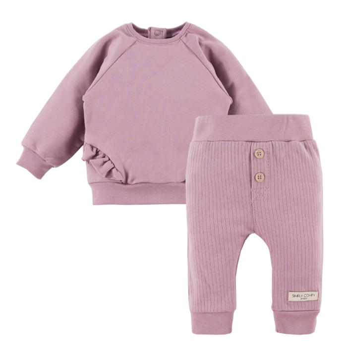 Geripptes Leggings- und Sweatshirt-Set mit Rüschen in Heidefarbe