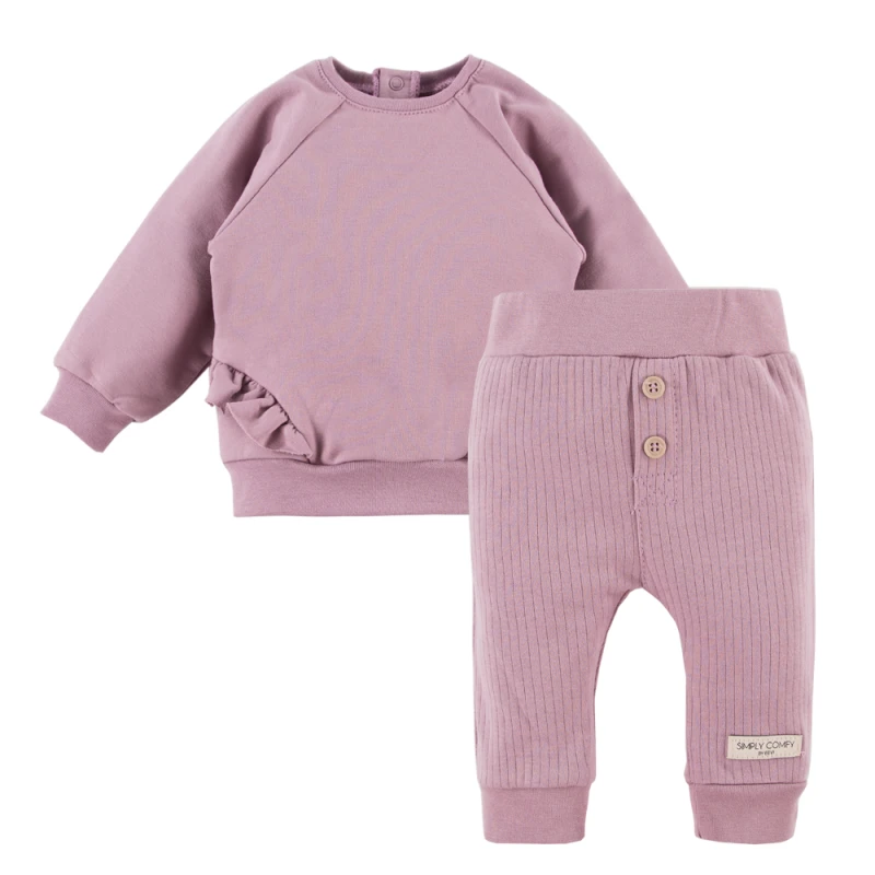 Geripptes Leggings- und Sweatshirt-Set mit Rüschen in Heidefarbe