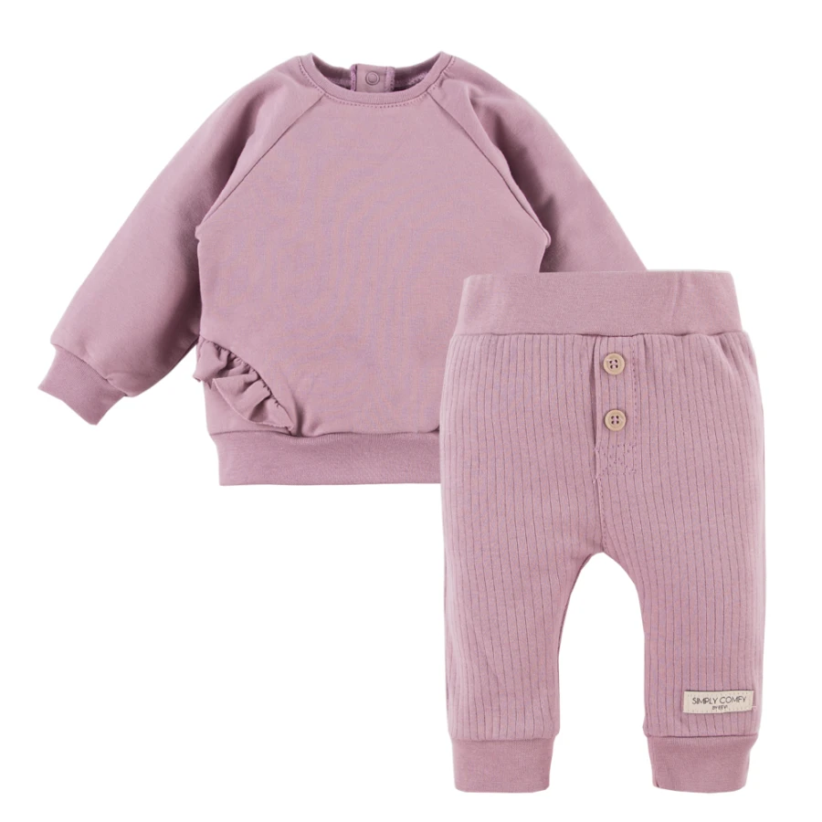 Geripptes Leggings- und Sweatshirt-Set mit Rüschen in Heidefarbe