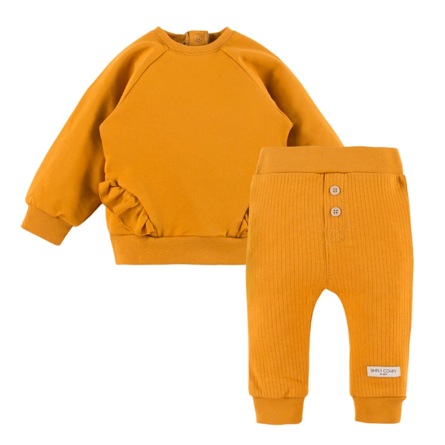 Set aus Sweatshirt mit Rüschen und gerippten Leggings in Honigfarbe