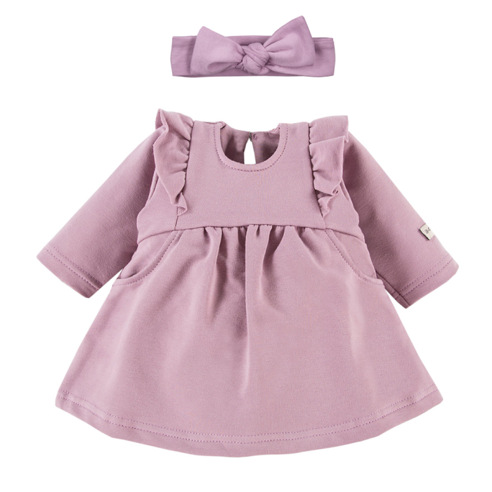 Set aus Kleid mit Rüschen und Haarband mit Schleife in Flieder
