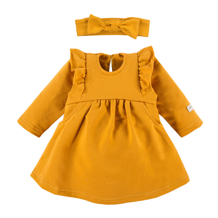 Set aus Kleid mit Rüschen und Haarband mit Schleife in Honig