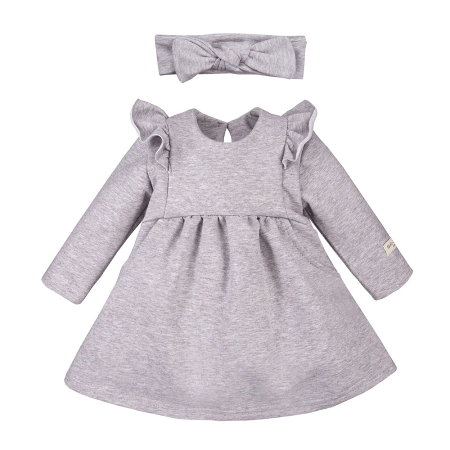 Set aus Kleid mit Rüschen und Haarband mit Schleife Grau