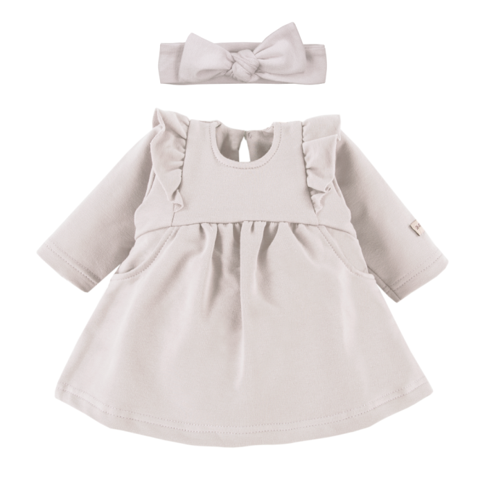 Set aus Kleid mit Rüschen und Haarband mit Schleife Beige