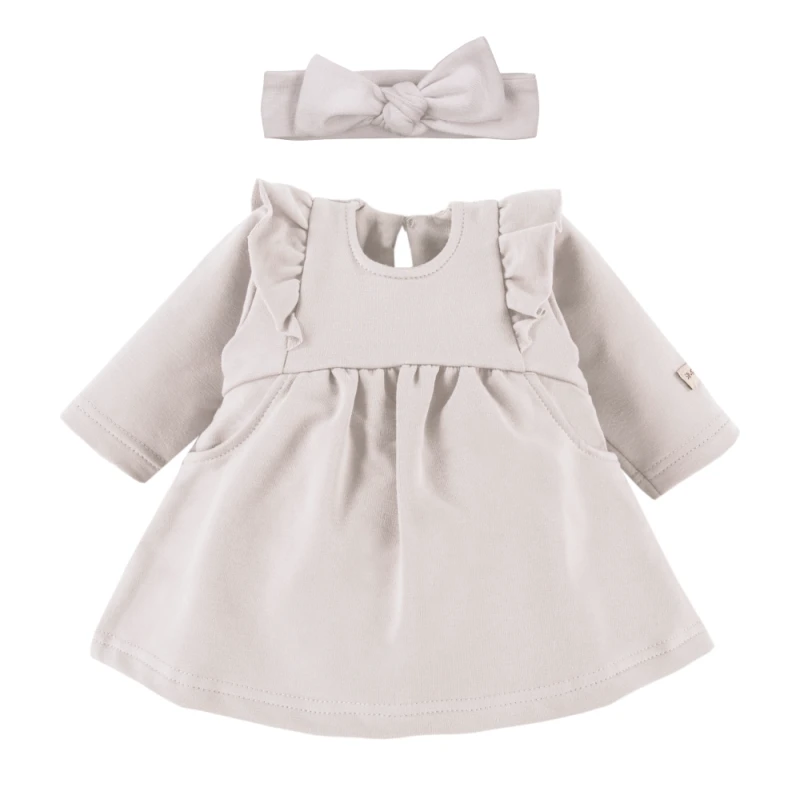 Dress with ruffles and bow headband set beige