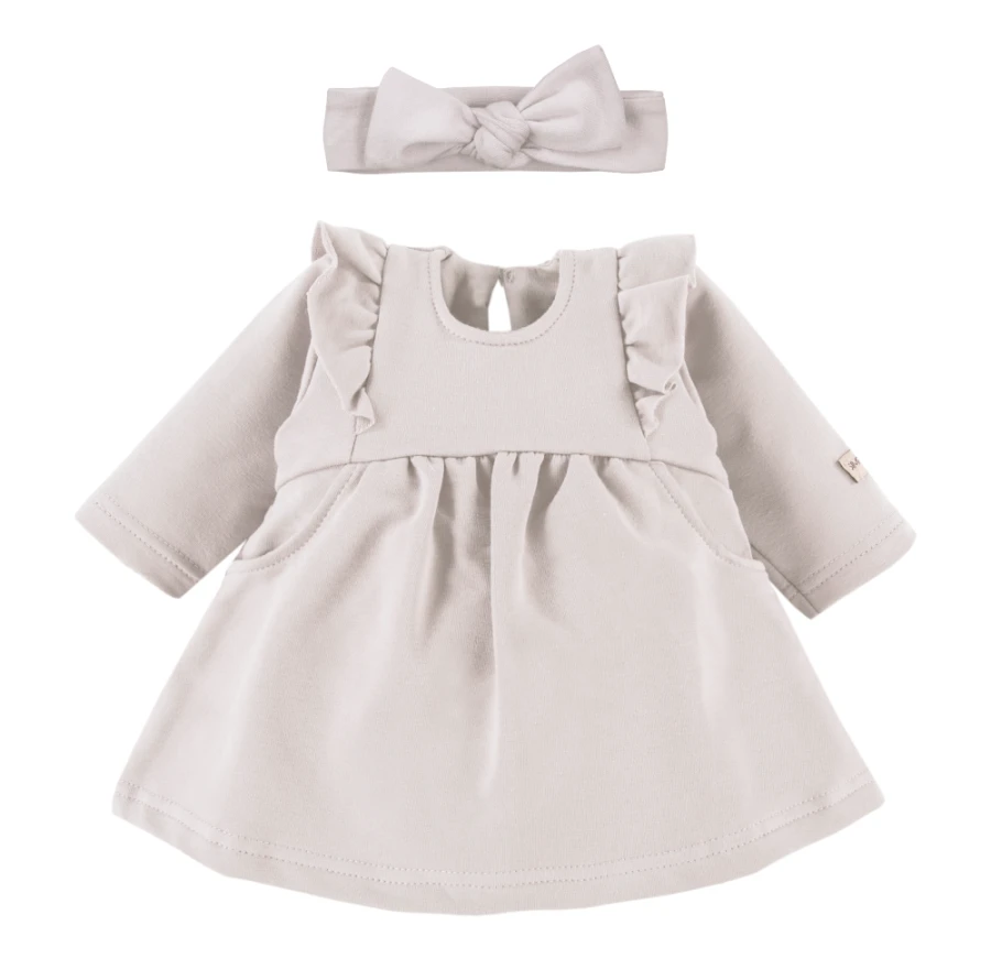 Set aus Kleid mit Rüschen und Haarband mit Schleife Beige