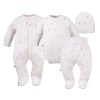 Baby-Set: Body, Strampelhose, Mütze und Strampler Creme mit Blümchen