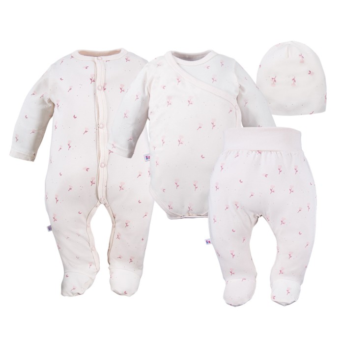 Baby-Set: Body, Strampelhose, Mütze und Strampler Creme mit Blümchen