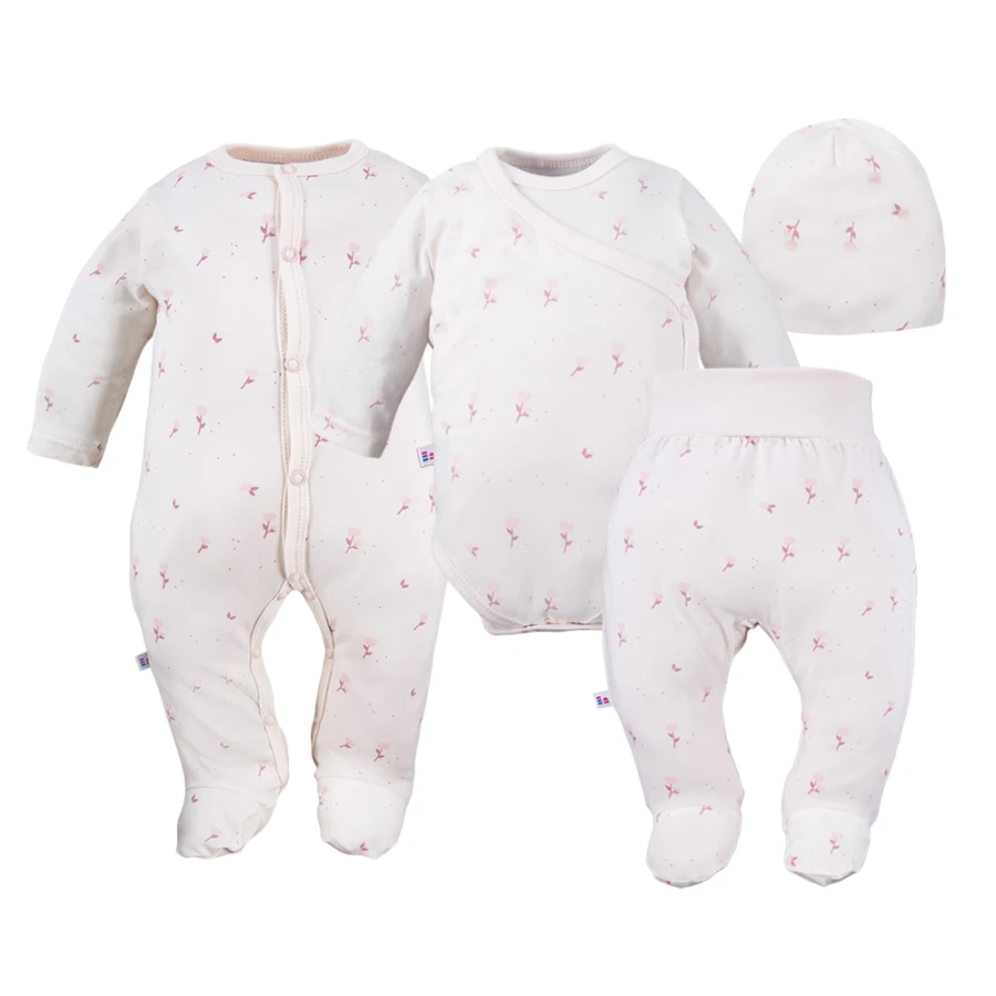 Baby-Set: Body, Strampelhose, Mütze und Strampler Creme mit Blümchen