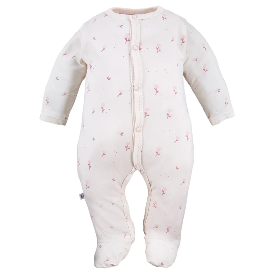 Baby-Set: Body, Strampelhose, Mütze und Strampler Creme mit Blümchen
