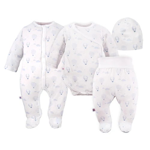 Baby set: bodysuit, footed pants, hat and white sleepsuit with blue balloons