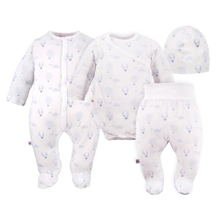 Baby-Set: Body, Strampelhose, Mütze und weißer Strampler mit blauen Ballons