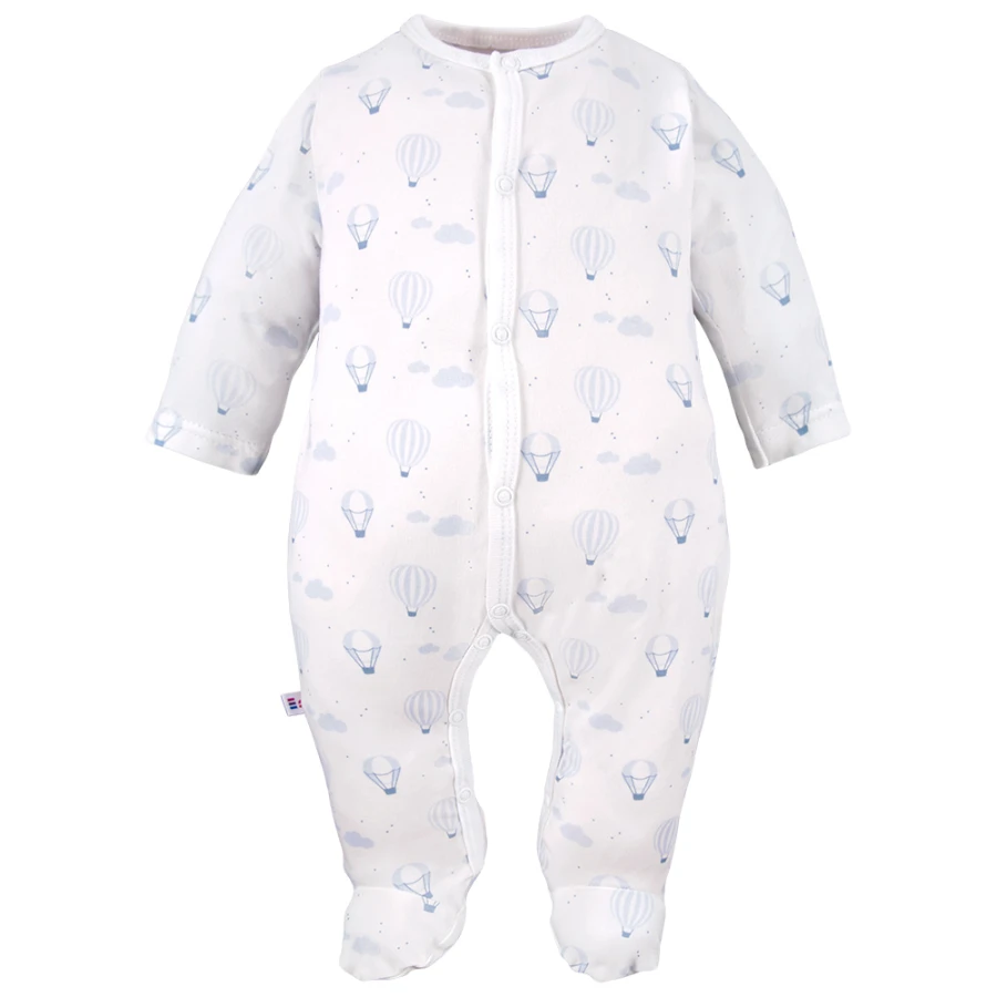 Baby-Set: Body, Strampelhose, Mütze und weißer Strampler mit blauen Ballons