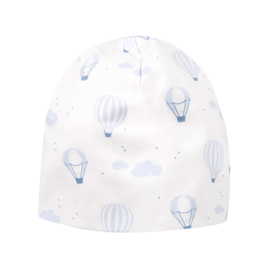 Baby-Set: Body, Strampelhose, Mütze und weißer Strampler mit blauen Ballons