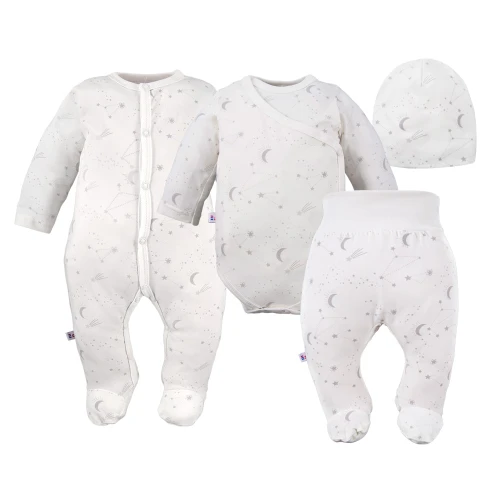 Baby-Set: Body, Strampelhose, Mütze und ecru Strampler mit Sternen