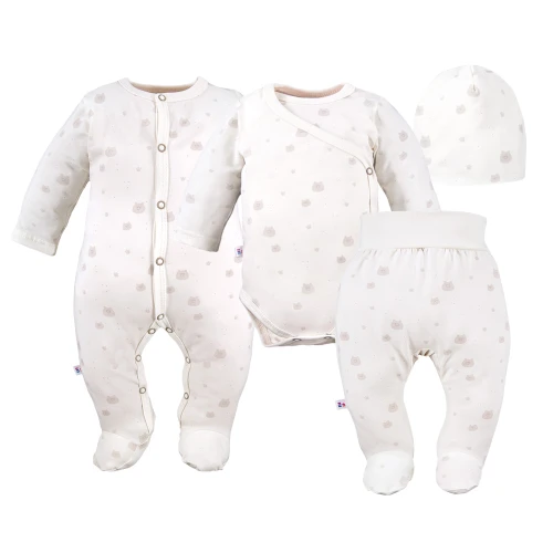 Baby-Set: Body, Strampelhose, Mütze und ecru Strampler mit Teddybären