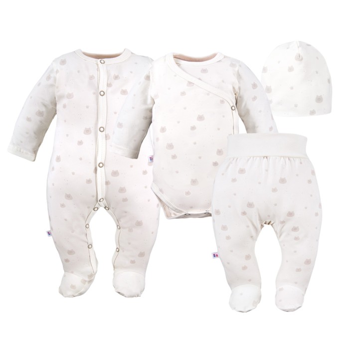 Baby-Set: Body, Strampelhose, Mütze und ecru Strampler mit Teddybären