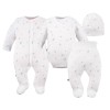 Baby-Set: Body, Strampelhose, Mütze und weißer Strampler mit Blättermotiv