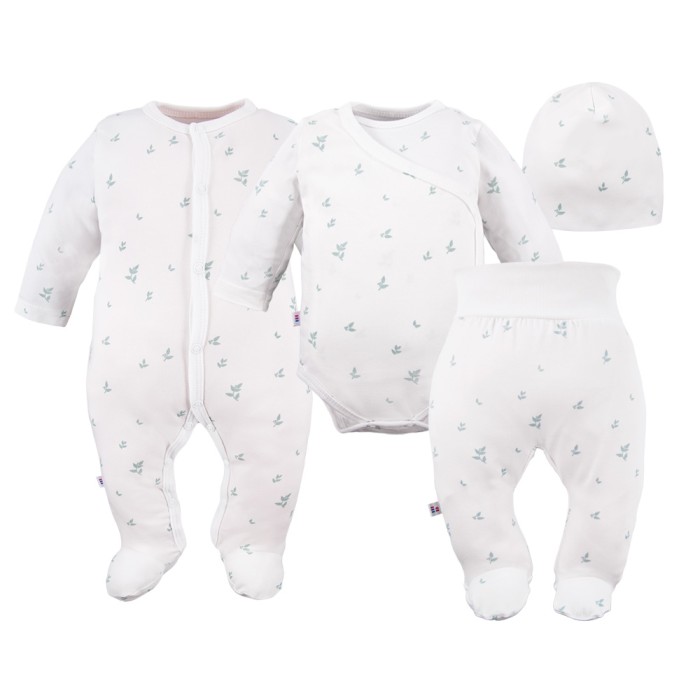 Baby-Set: Body, Strampelhose, Mütze und weißer Strampler mit Blättermotiv