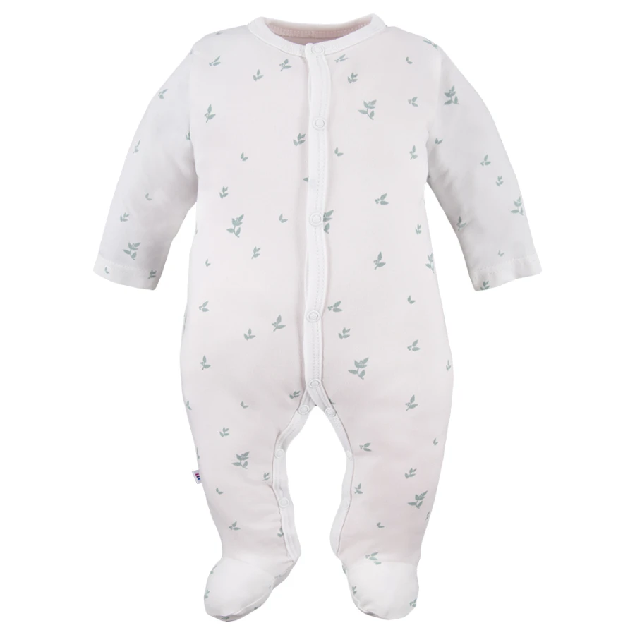 Baby-Set: Body, Strampelhose, Mütze und weißer Strampler mit Blättermotiv