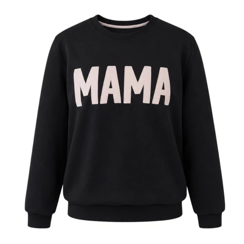 Sweatshirt mit der Aufschrift MAMA, schwarz mit beiger Stickerei