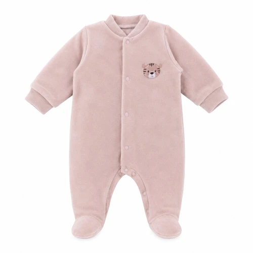 Beiger Baby-Strampler aus Velours mit Tiger