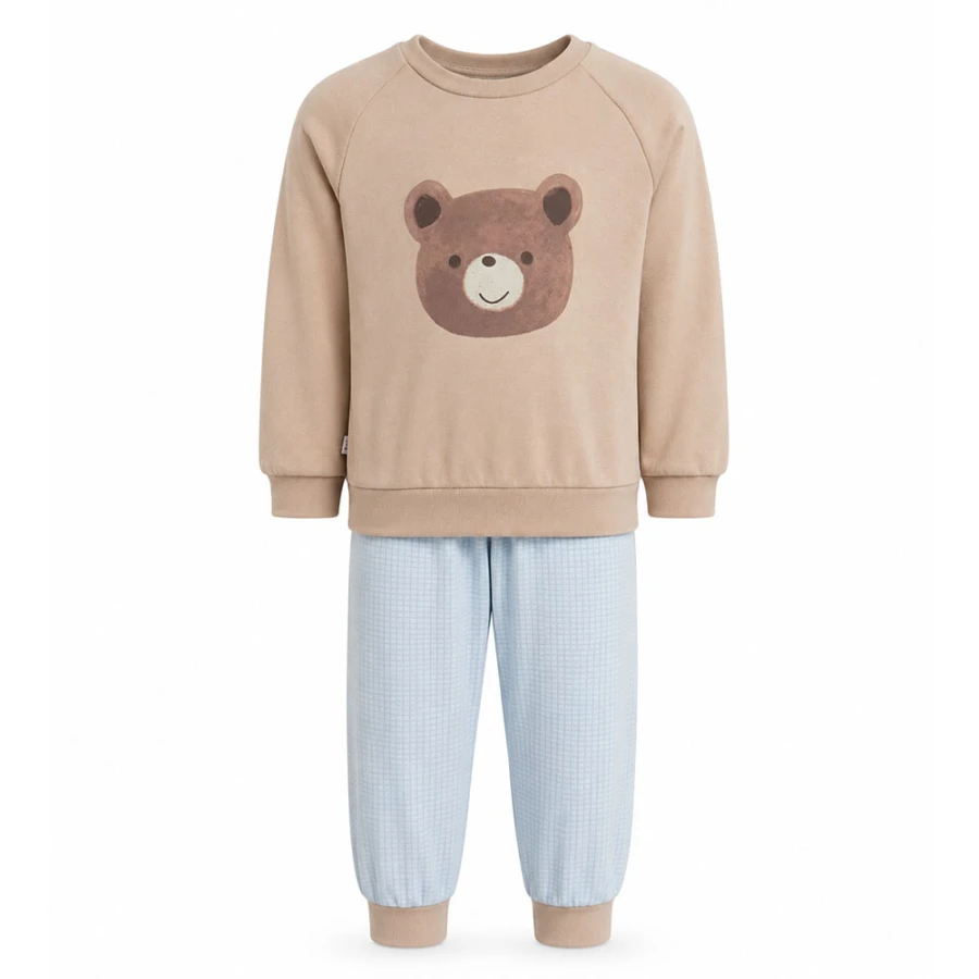 Beiger Kinderpyjama mit Bärenmotiv