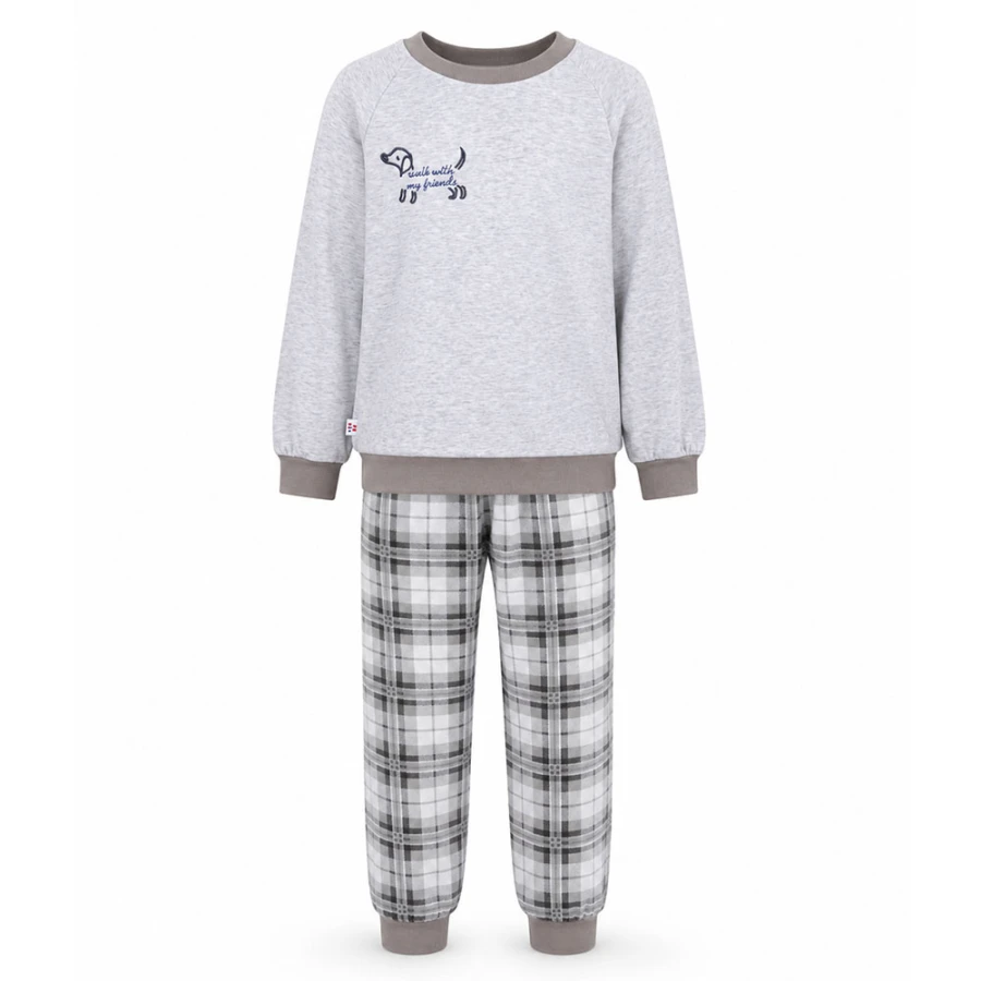 Grauer Kinderpyjama mit besticktem Hund
