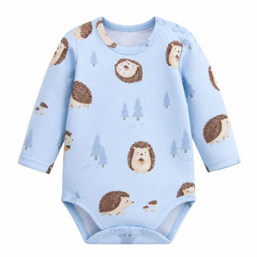 Blauer Baby-Body mit langen Ärmeln und Igelmotiv