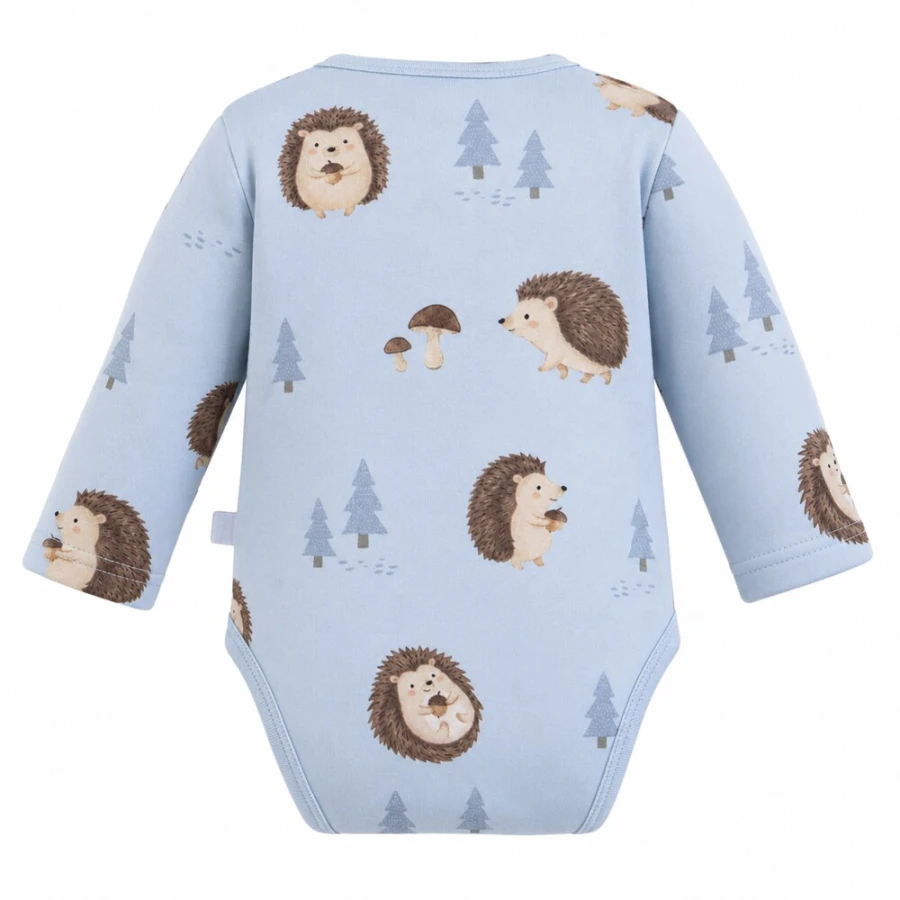 Blauer Baby-Body mit langen Ärmeln und Igelmotiv