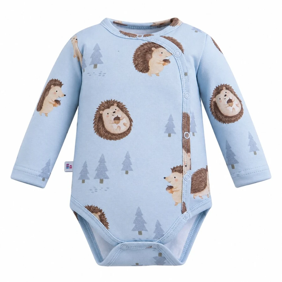 Blauer Wickelbody für Babys mit langen Ärmeln und Igelmotiv