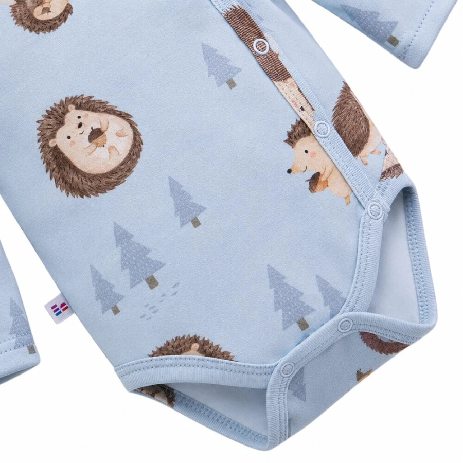 Blauer Wickelbody für Babys mit langen Ärmeln und Igelmotiv