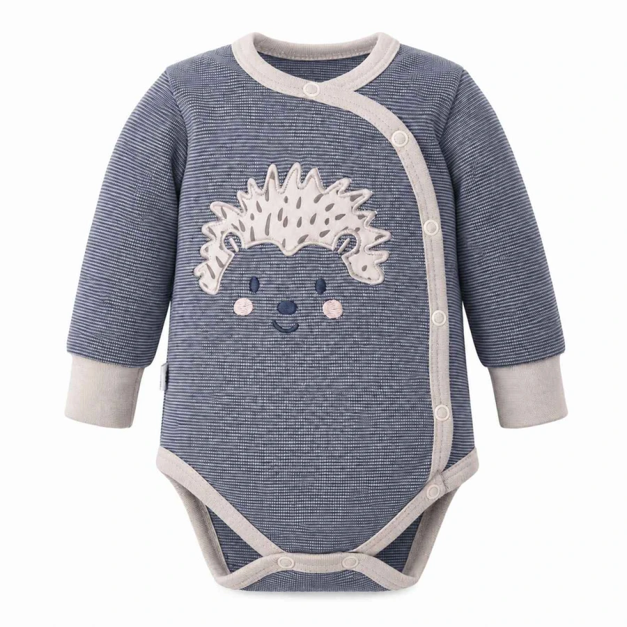 Grauer Wickelbody für Babys mit langen Ärmeln und Igelmotiv