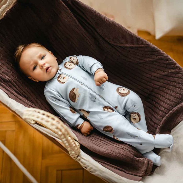 Blauer Baby-Strampler mit Füßen und Igelmotiv
