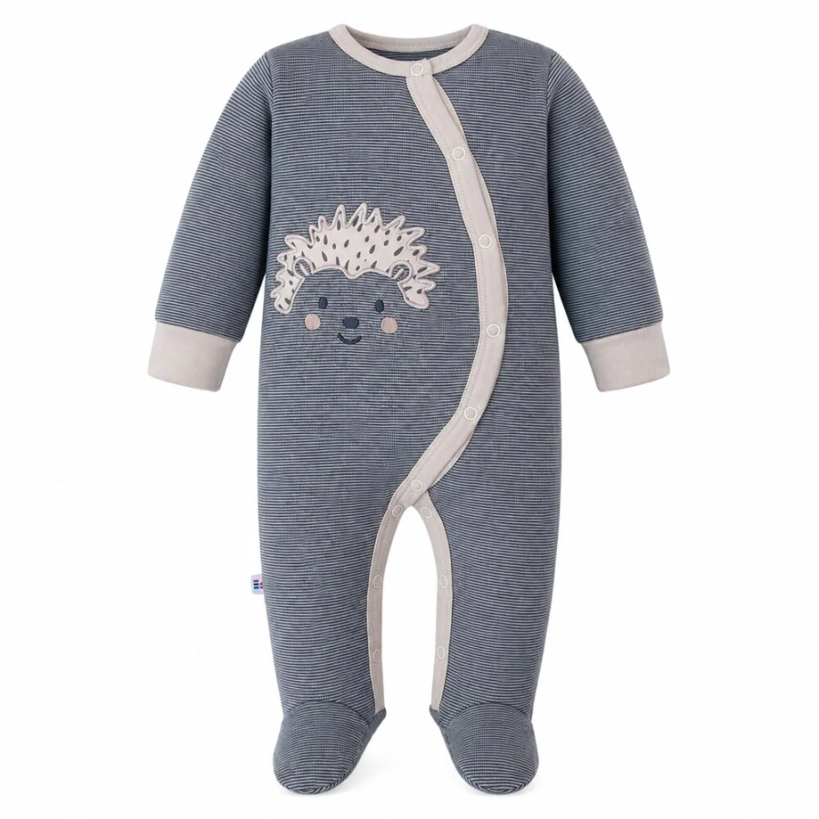 Grauer Baby-Strampler mit Füßen und Igelstickerei