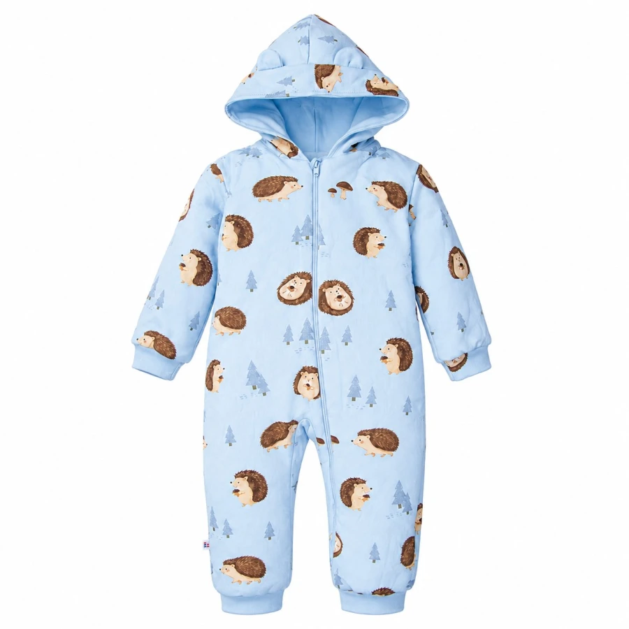 Blauer Baby-Sweatoverall ohne Füße mit Igelmotiv